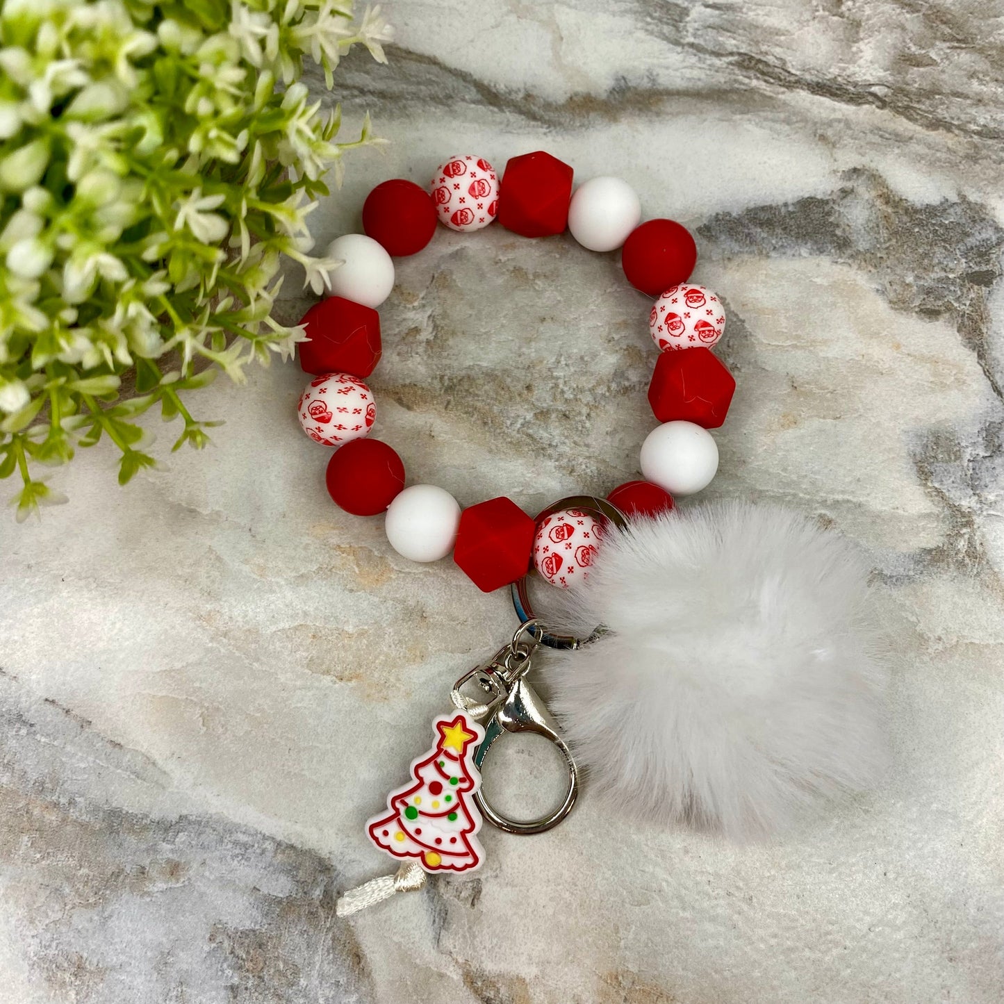 Silicone Bracelet Keychain & Pom Pom - Christmas Tree - Red