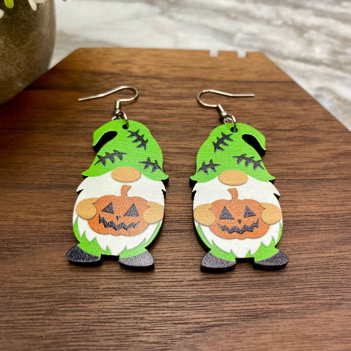 Wooden Dangle Earrings - Halloween - Gnome Frankenstein Pumpkin