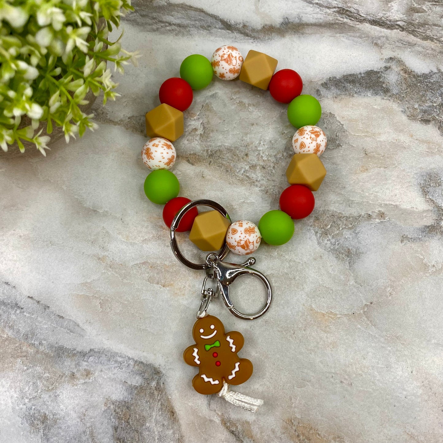 Silicone Bracelet Keychain - Christmas Winter - Green Red Tan Gingerbread Man