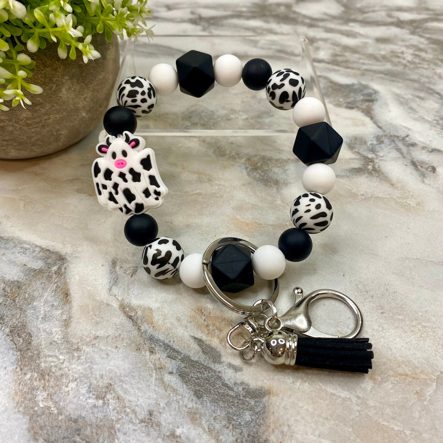 Silicone Bracelet Keychain with Tassel - Cow - Black