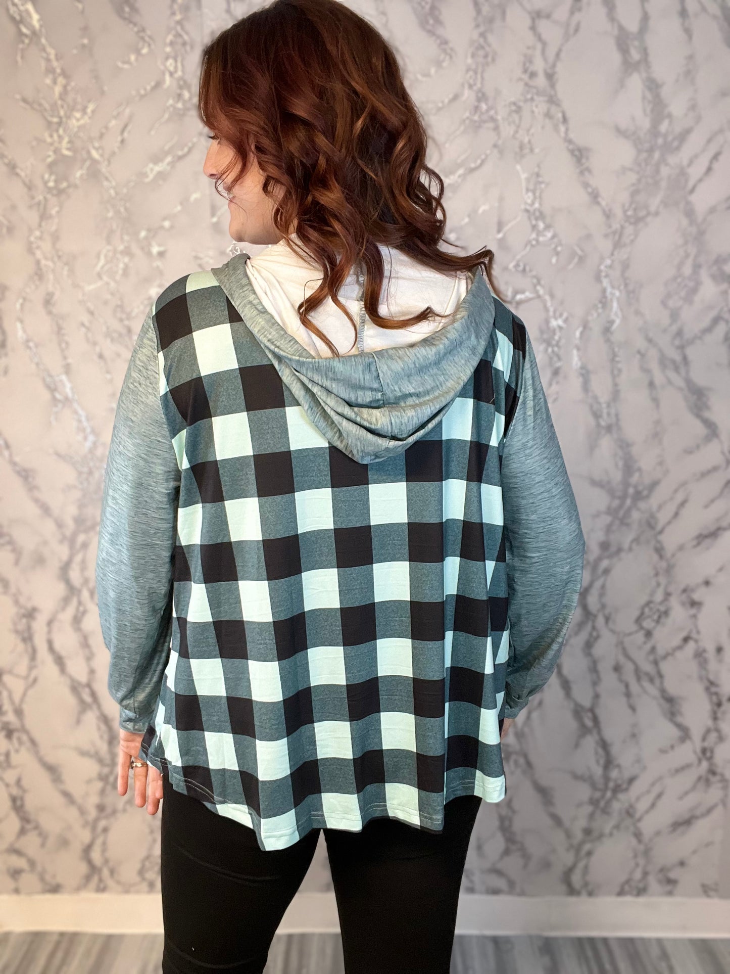 Blue and Black Plaid Button Hoodie