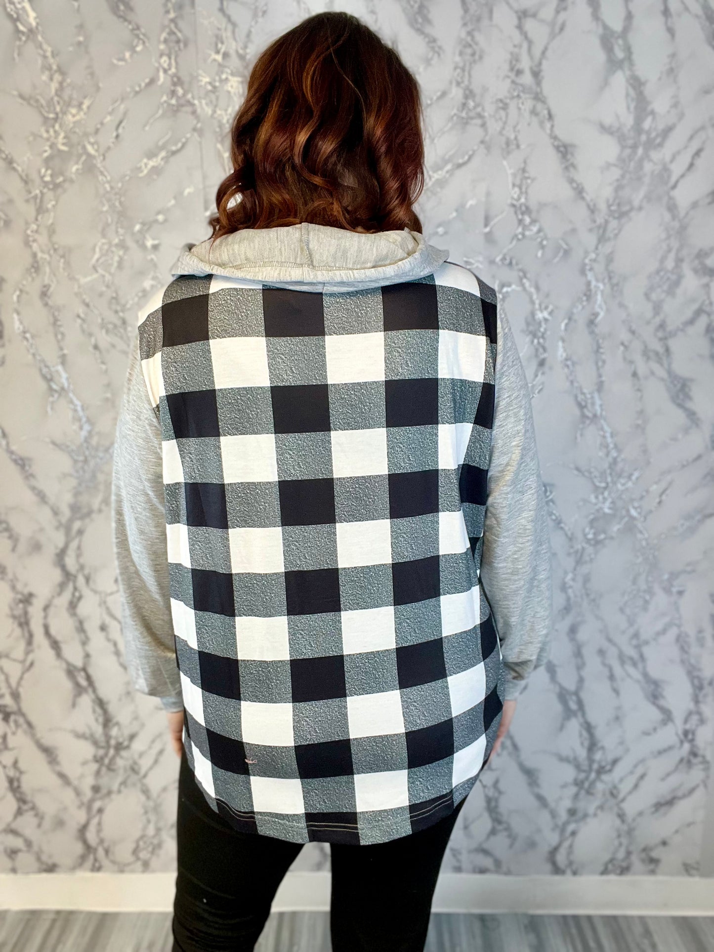 Gray and Black Plaid Button Hoodie