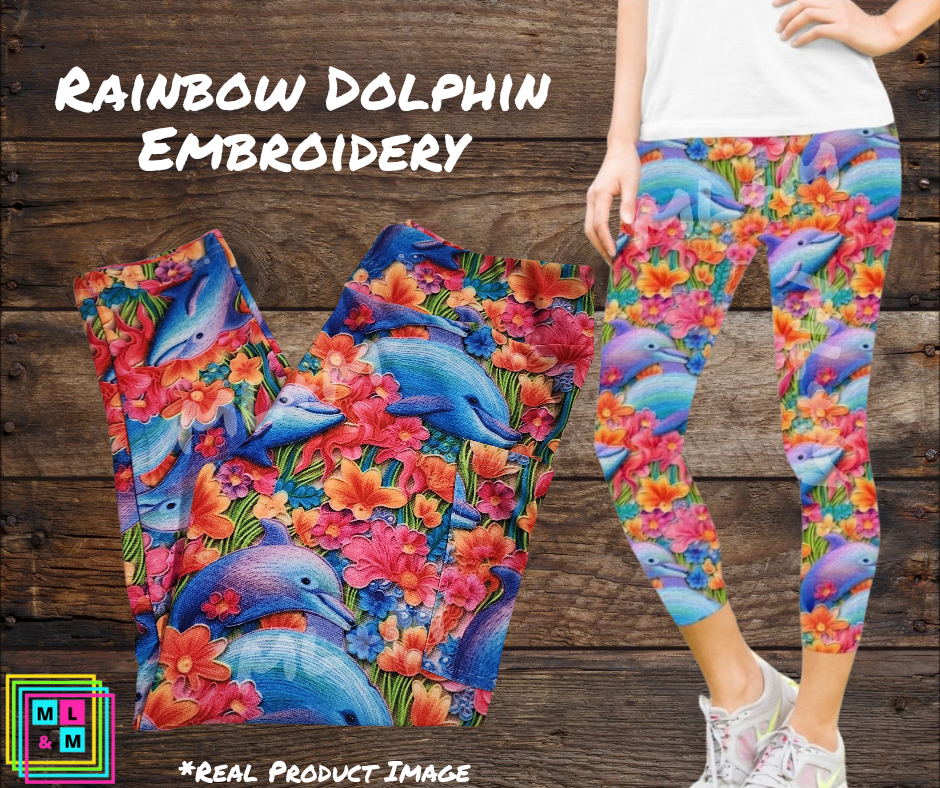 Rainbow Dolphin Embroidery Capri Length w/ Pockets