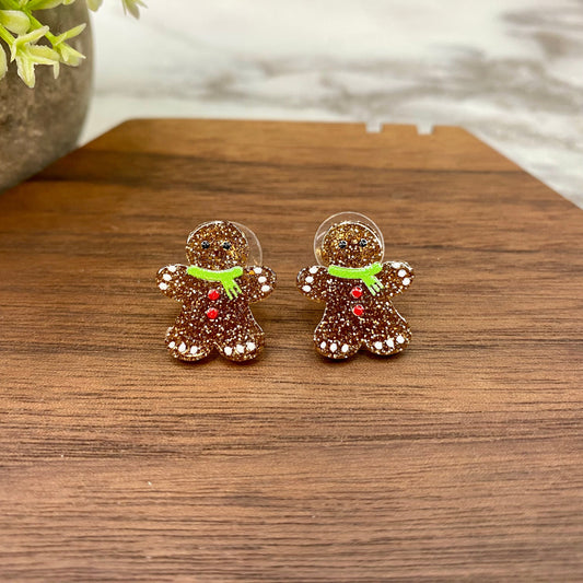 Acrylic Stud Earrings - Christmas - Gingerbread Man Glitter #2