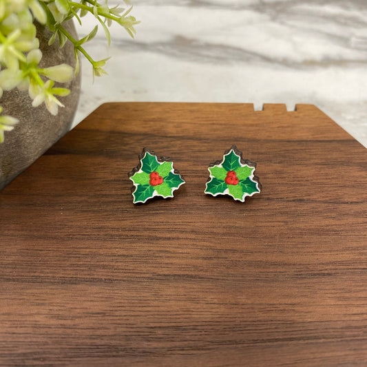 Wooden Stud Earrings - Christmas - Holly