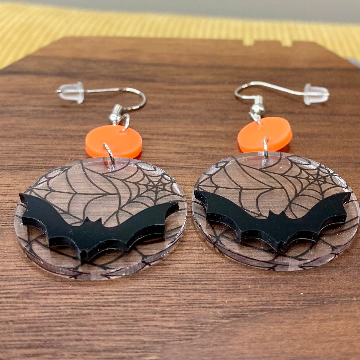 Dangle Earring - Acrylic - 3D Bat Clear Web Background Halloween