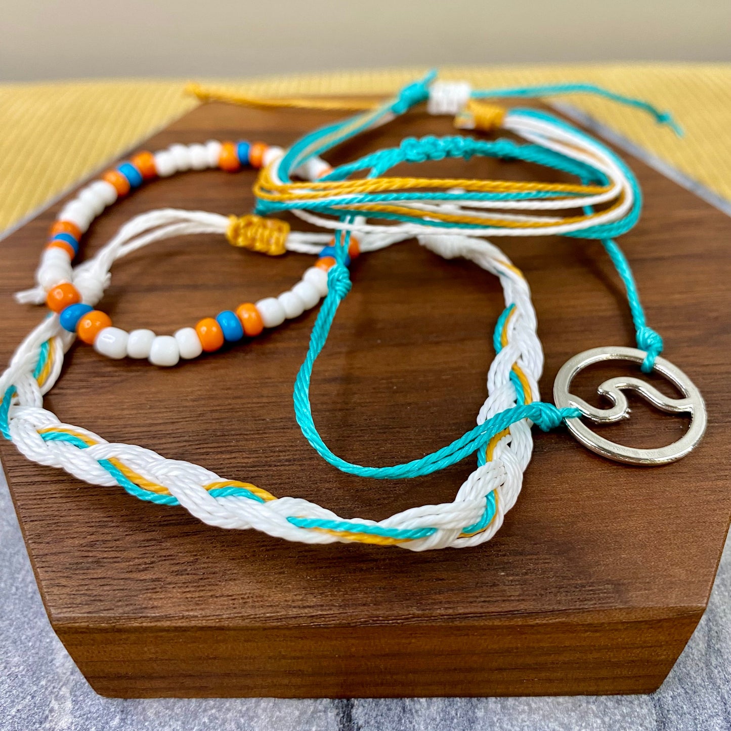 Bracelet Pack - Adjustable String & Bead Blue Turquoise White Wave