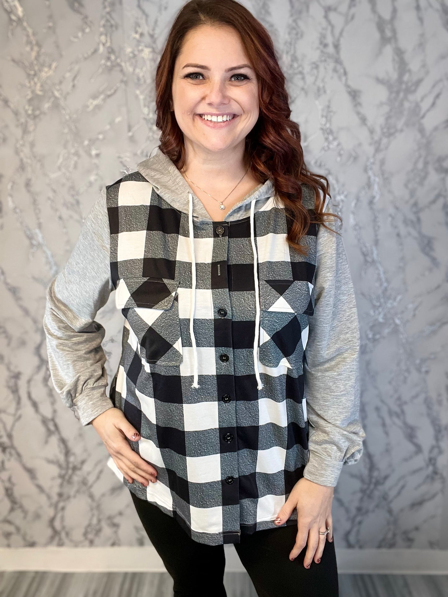 Gray and Black Plaid Button Hoodie