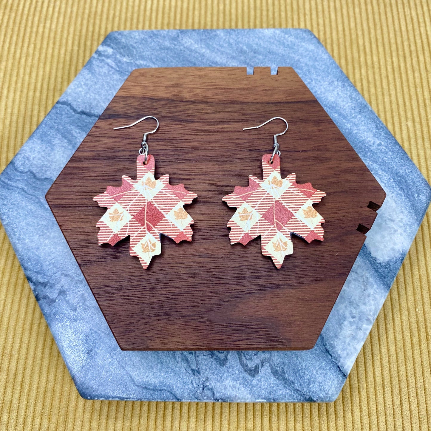 Wooden Dangle Earrings - Fall - Plaid Leaf