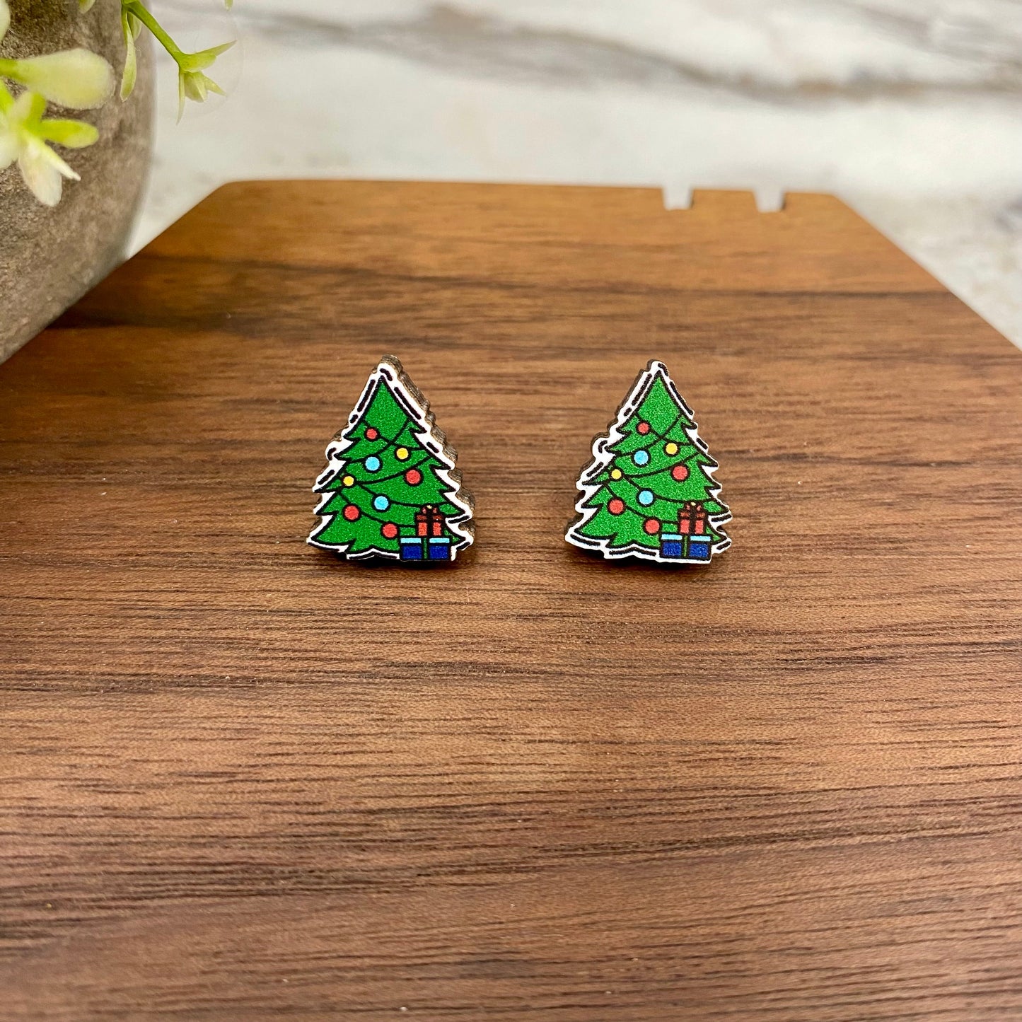 Wooden Stud Earrings - Christmas - Trees #2