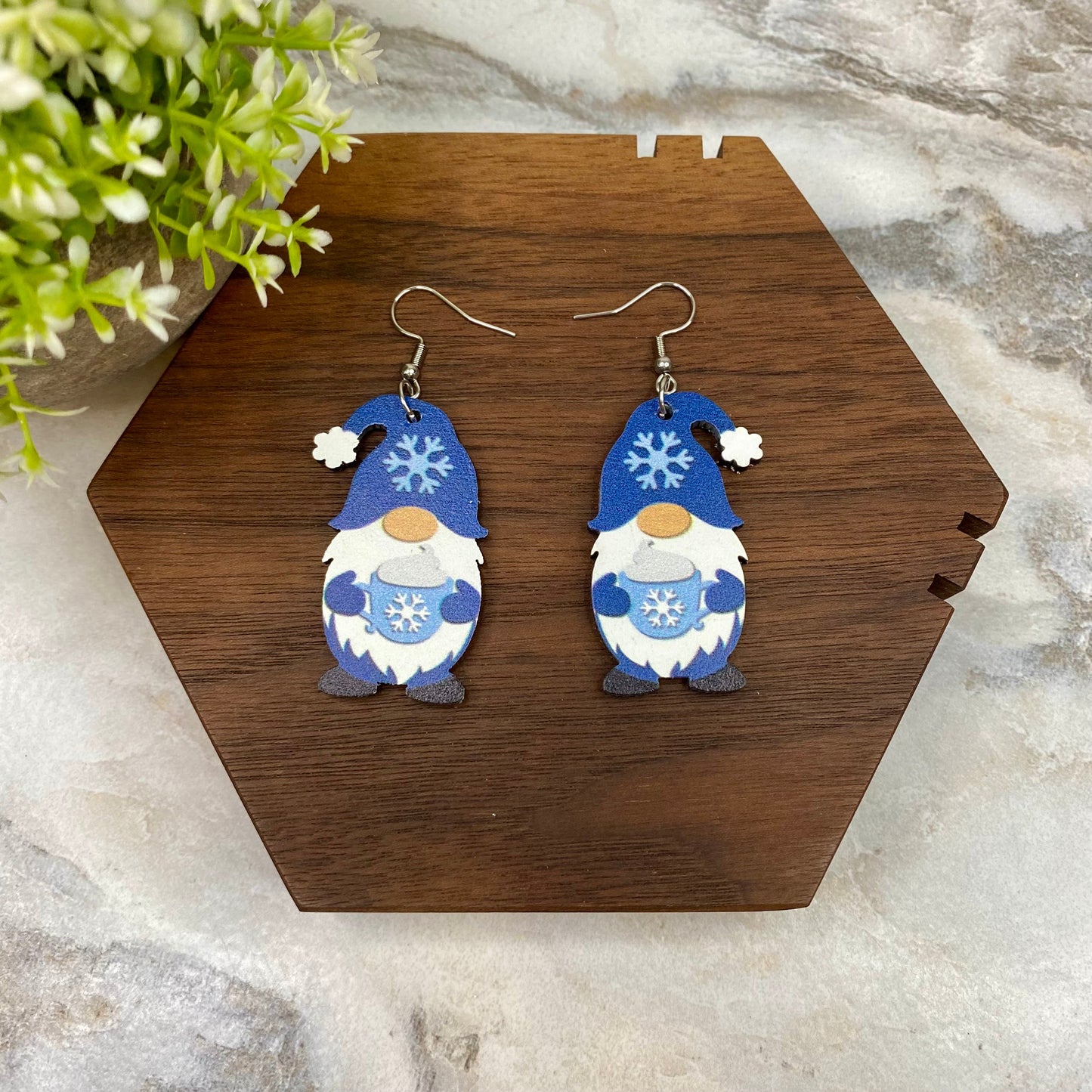 Wooden Dangle Earrings - Winter - Gnome Blue Hot Cocoa