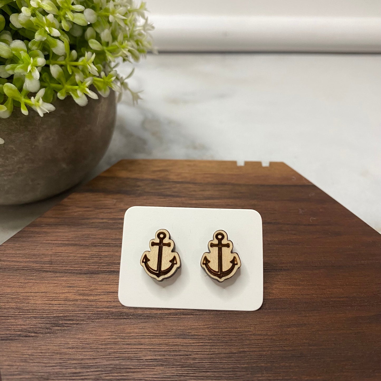 Wooden Stud Earrings - Anchor