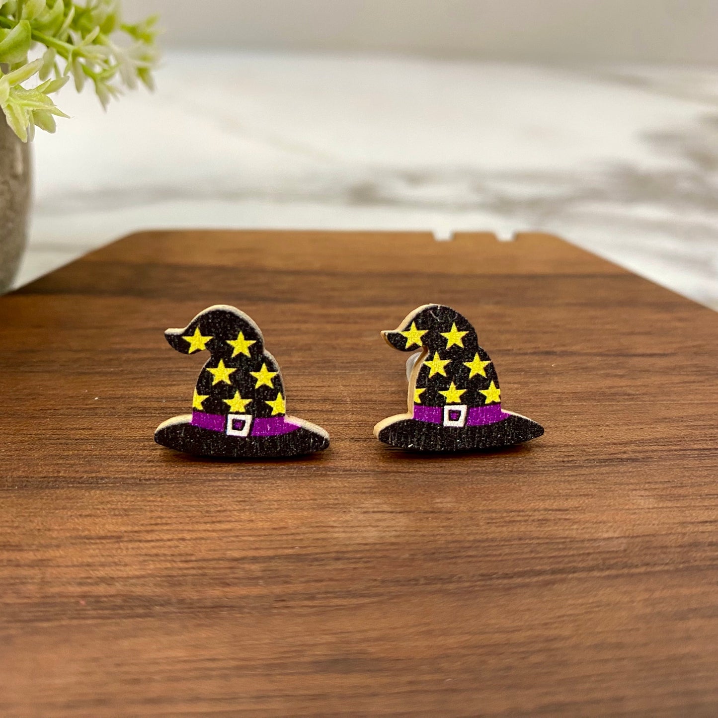 Wooden Stud Earrings - Witch Hat with Stars