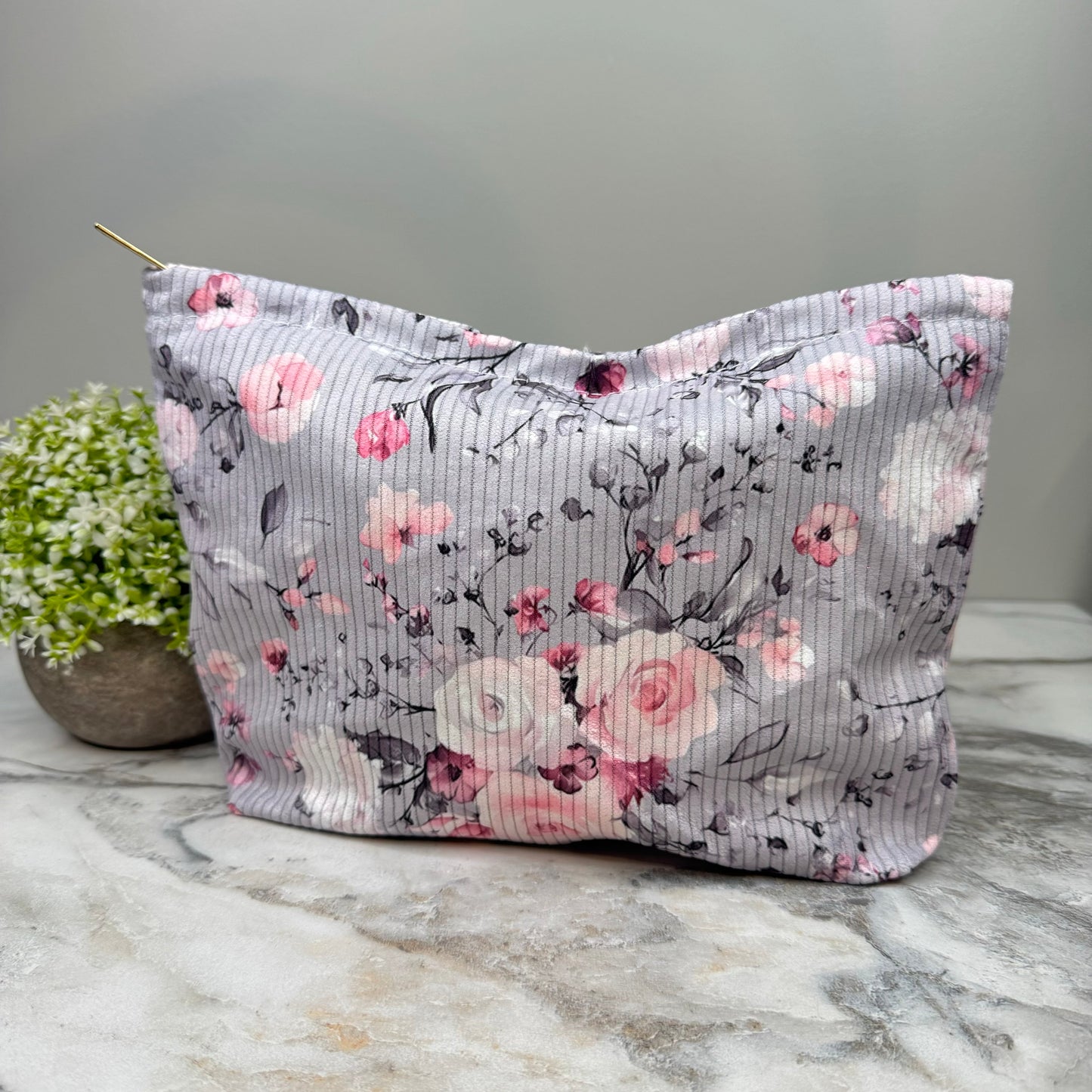 Corduroy Zip Pouch - Grey Pink Floral