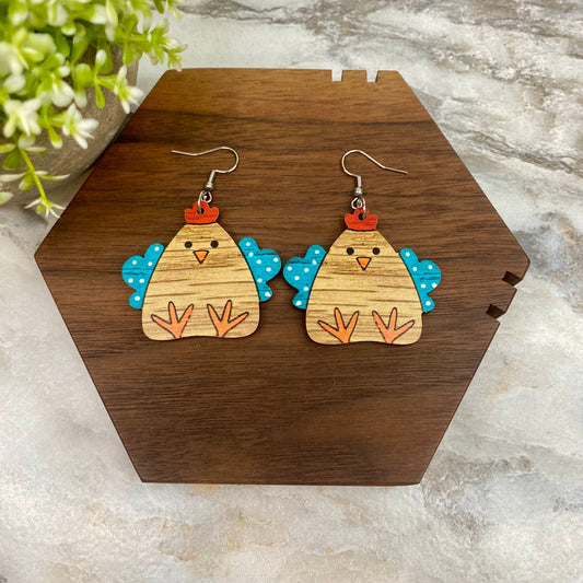 Wooden Dangle Earrings - Chicken - #8