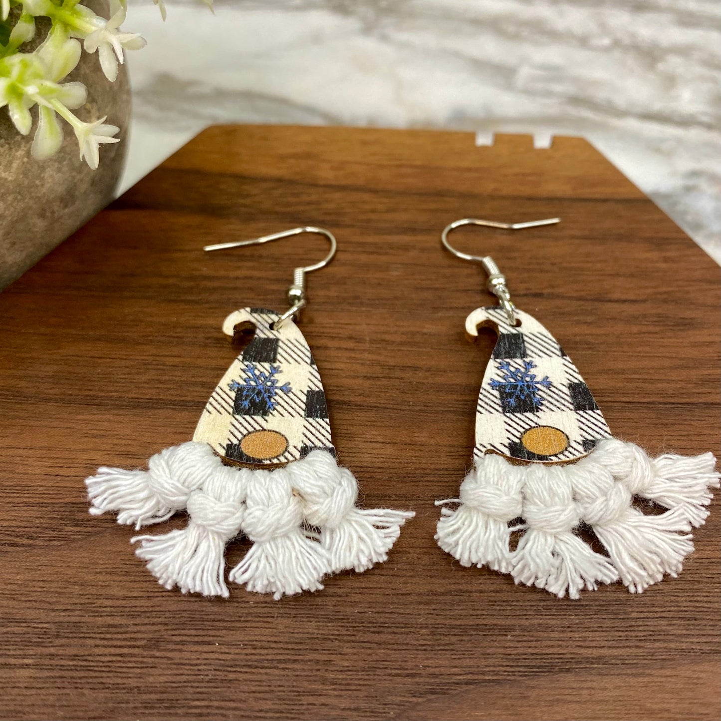 Wooden Dangle Earrings - Christmas Gnome White Plaid Macrame Beard