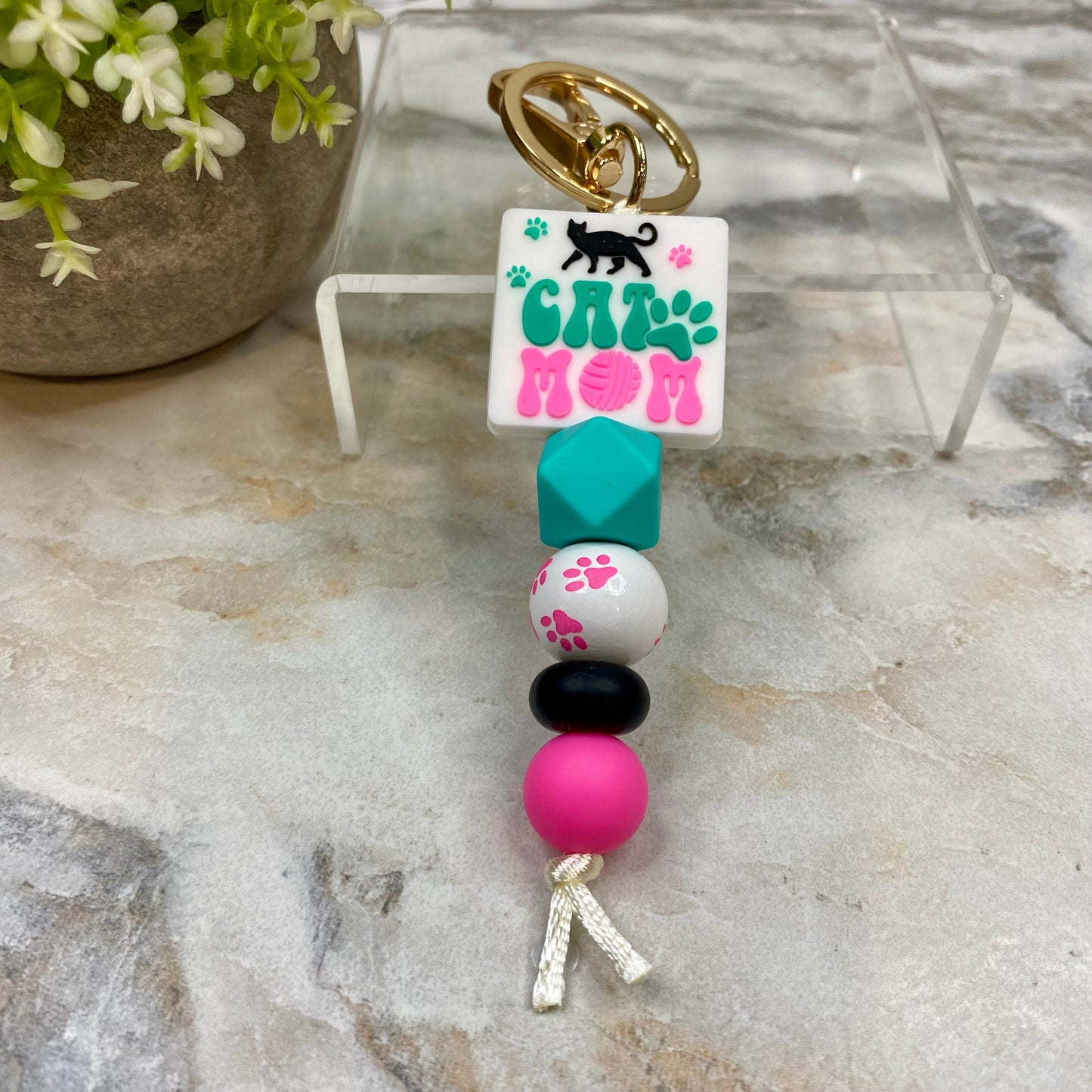 Keychain - Silicone & Wood Bead - Teal Pink Cat Mom