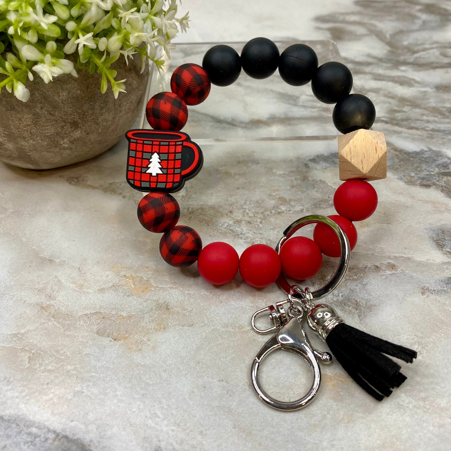 Silicone Bracelet Keychain with Tassel - Christmas - Red Plaid Coffee Mug