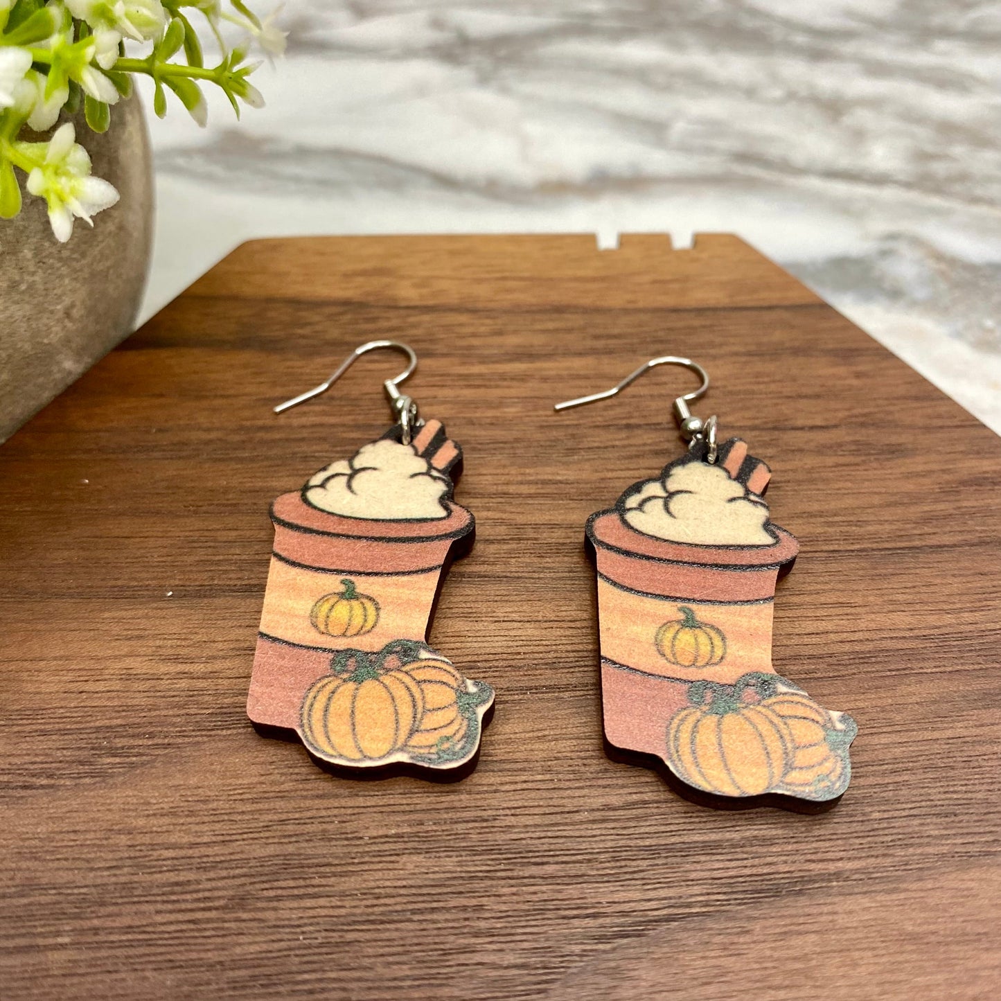 Wooden Dangle Earrings - Fall - #9