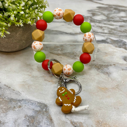 Silicone Bracelet Keychain - Christmas Winter - Green Red Tan Gingerbread Man