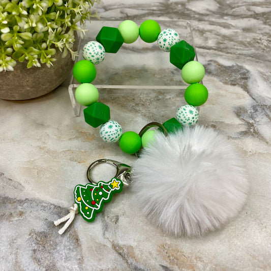 Silicone Bracelet Keychain & Pom Pom - Christmas Tree - Green