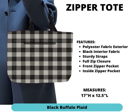 Black Buffalo Plaid Zipper Tote