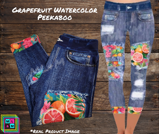 Grapefruit Watercolor Faux Denim Capris