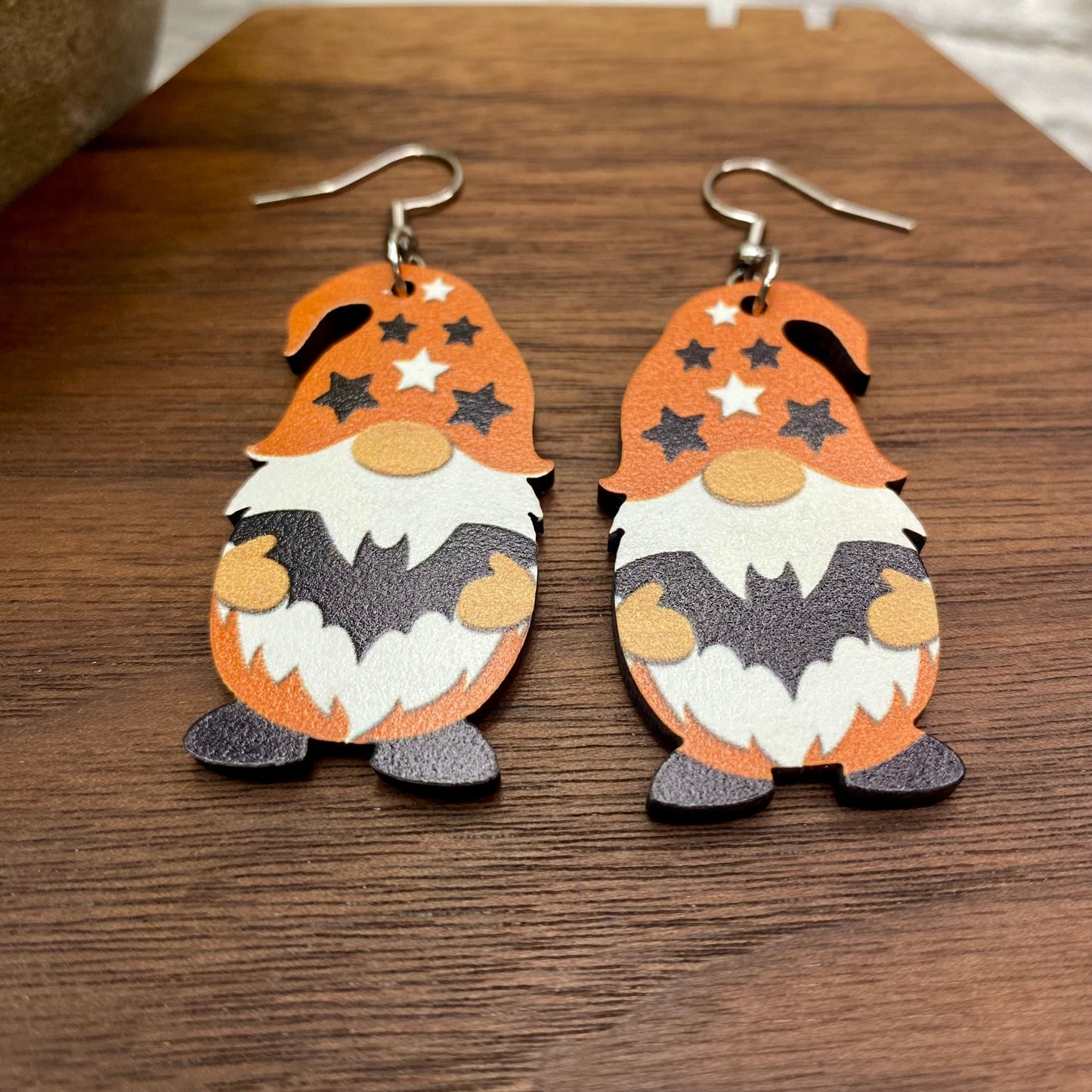 Wooden Dangle Earrings - Halloween - Gnome Bat