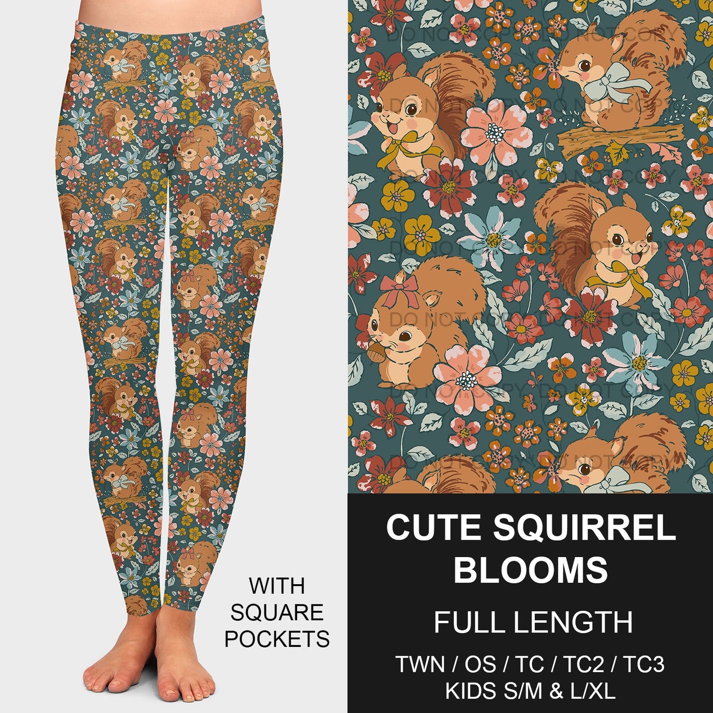 B200 - Preorder Cute Squirrel Blooms Leggings w/ Pockets (Closes 12/15. ETA late Feb.)