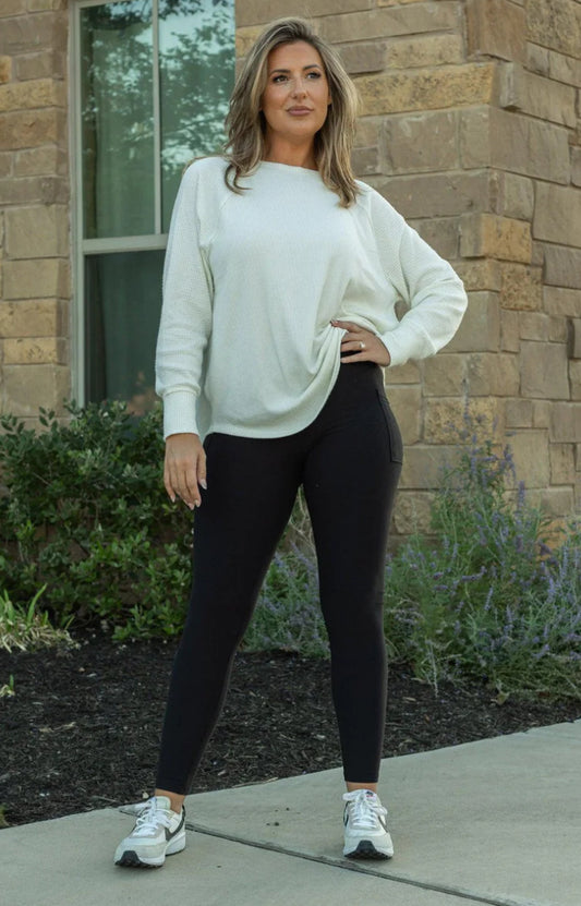 Solid Black Fleece Lined Leggings with Pockets - Full Length