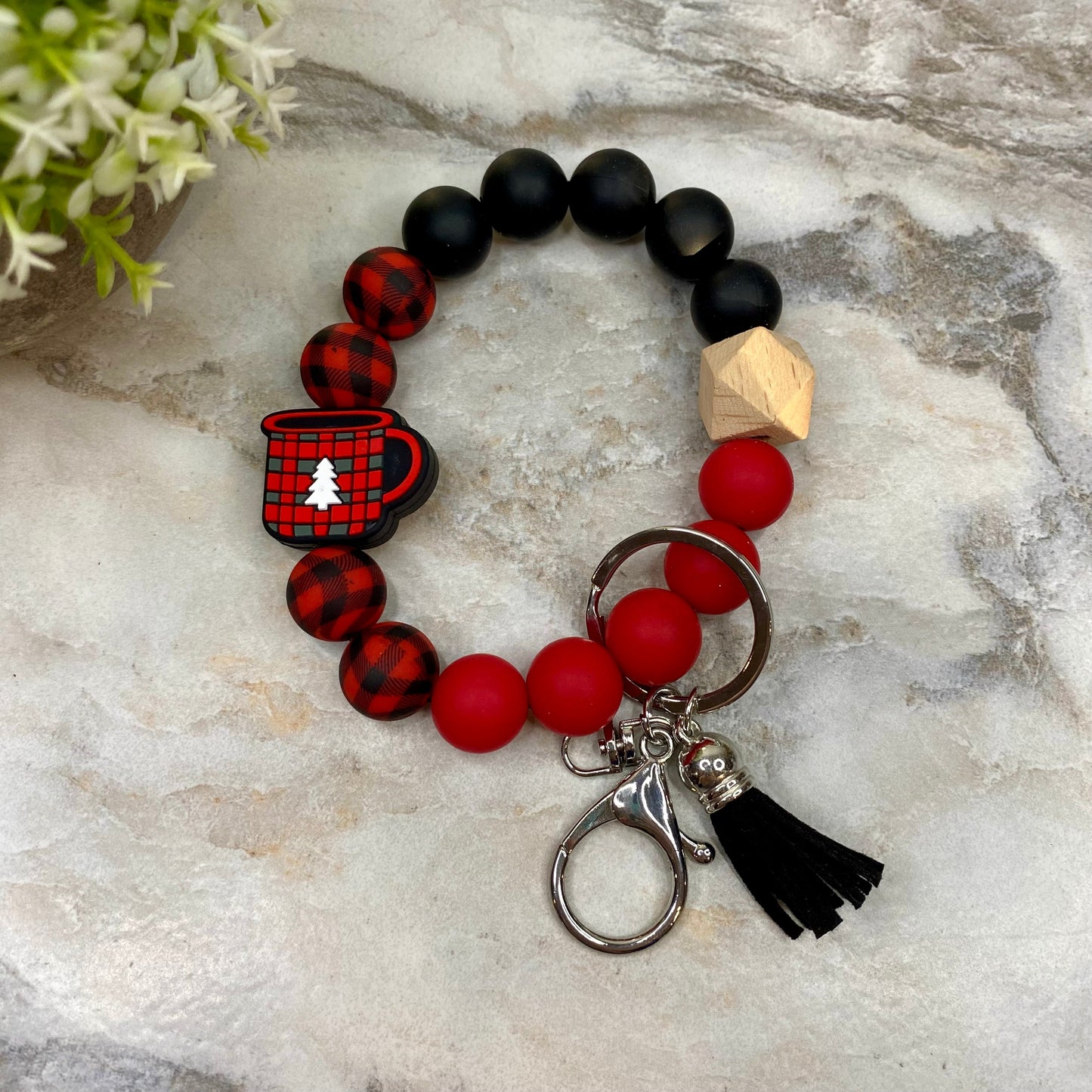 Silicone Bracelet Keychain with Tassel - Christmas - Red Plaid Coffee Mug