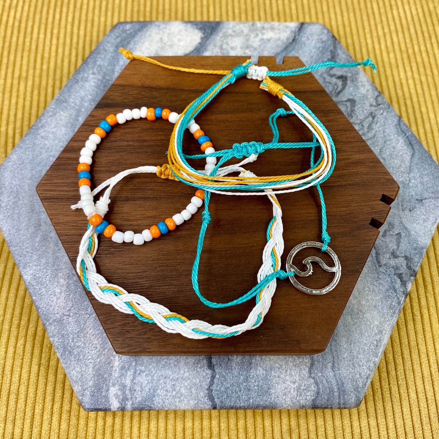 Bracelet Pack - Adjustable String & Bead Blue Turquoise White Wave