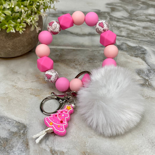 Silicone Bracelet Keychain & Pom Pom - Christmas Tree - Pink