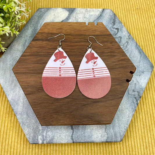 Faux Leather Earrings - Christmas - Red Snowman