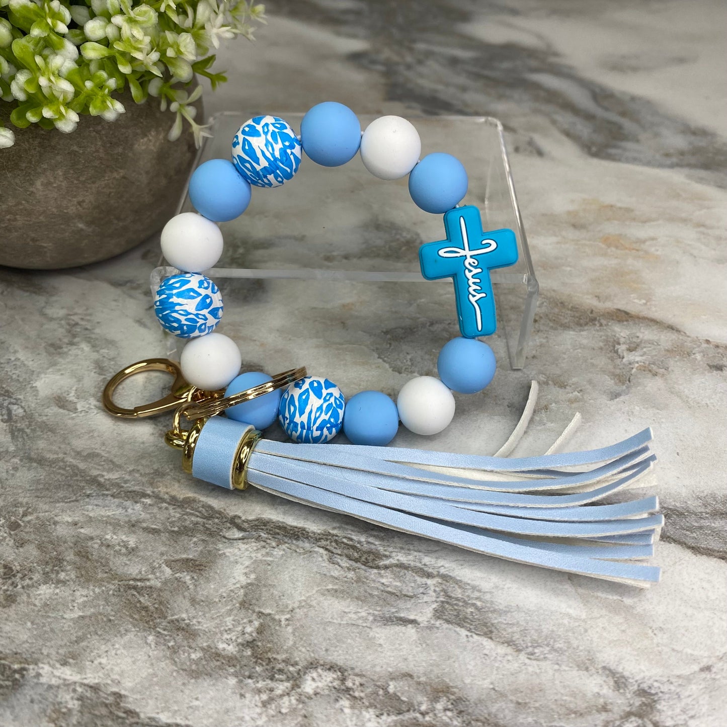 Silicone Bracelet Keychain - Jesus, Light Blue