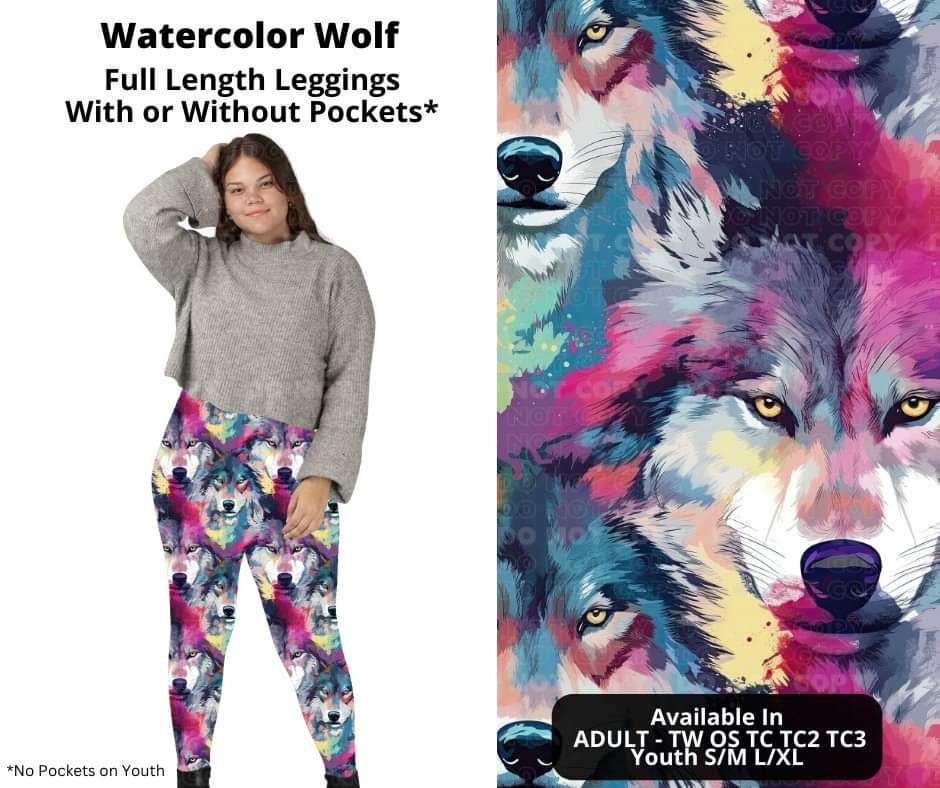 Watercolor Wolf Full Length Leggings w/ Pockets