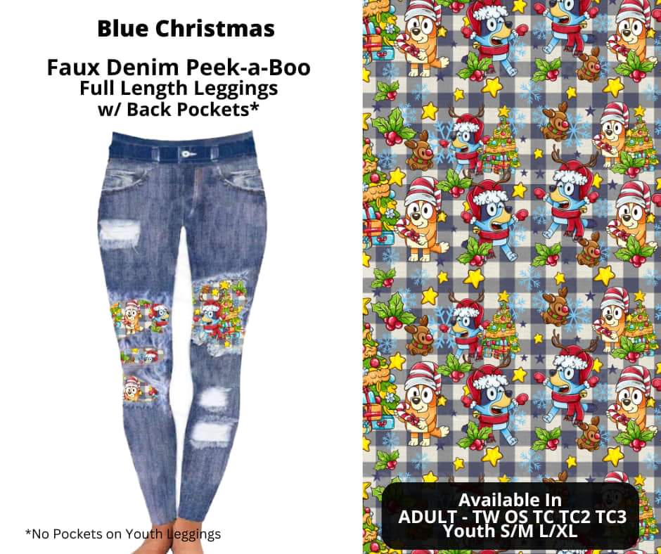 Blue Christmas Faux Denim Full Length Peekaboo Leggings