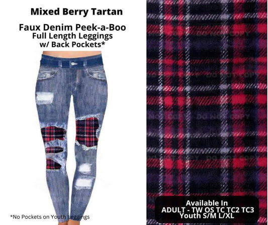 Mixed Berry Tartan Faux Denim Full Length Peekaboo Leggings