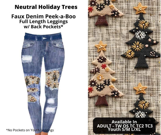 Neutral Holiday Trees Faux Denim Full Length Peekaboo Leggings