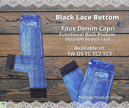 Blue Faux Denim Capris w/ Black Lace