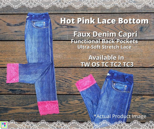 Blue Faux Denim Capris w/ Hot Pink Lace