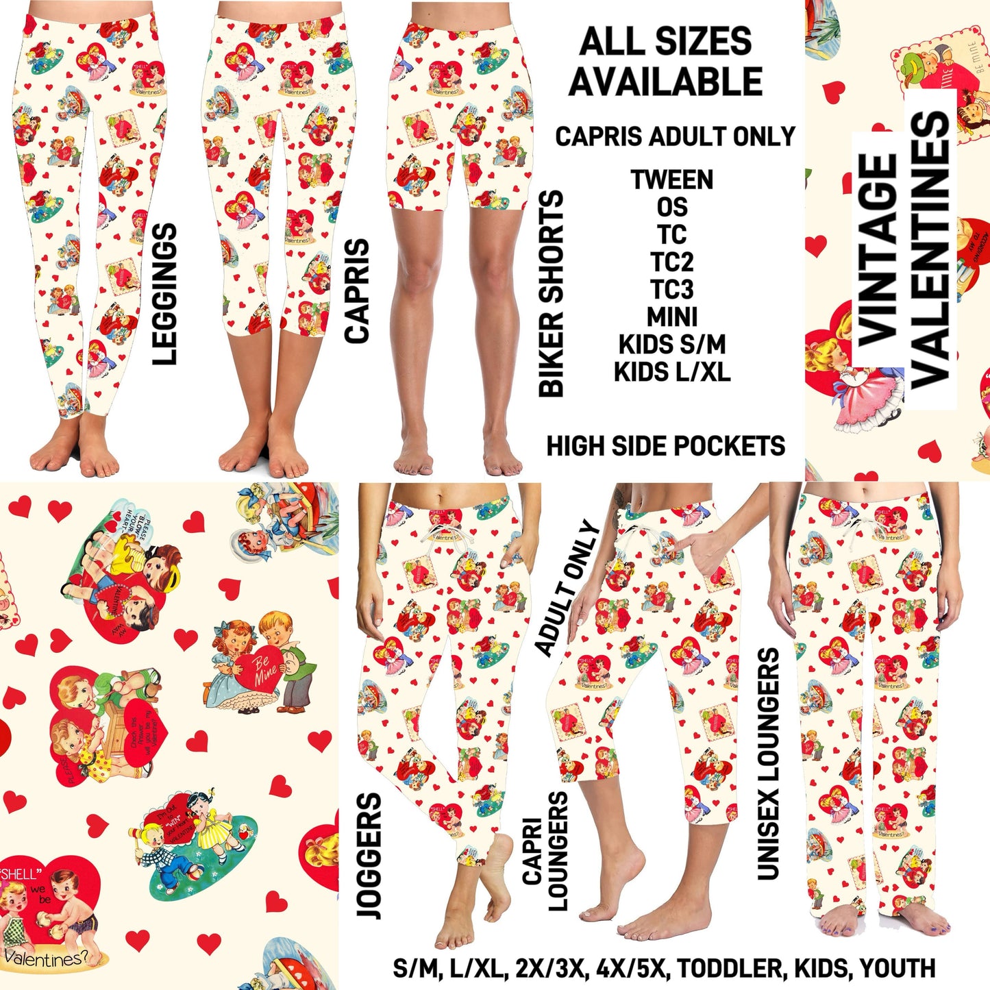 VD2B - Vintage Valentines Biker/Capris/Leggings with High Side Pockets - Preorder ETA: Late Jan