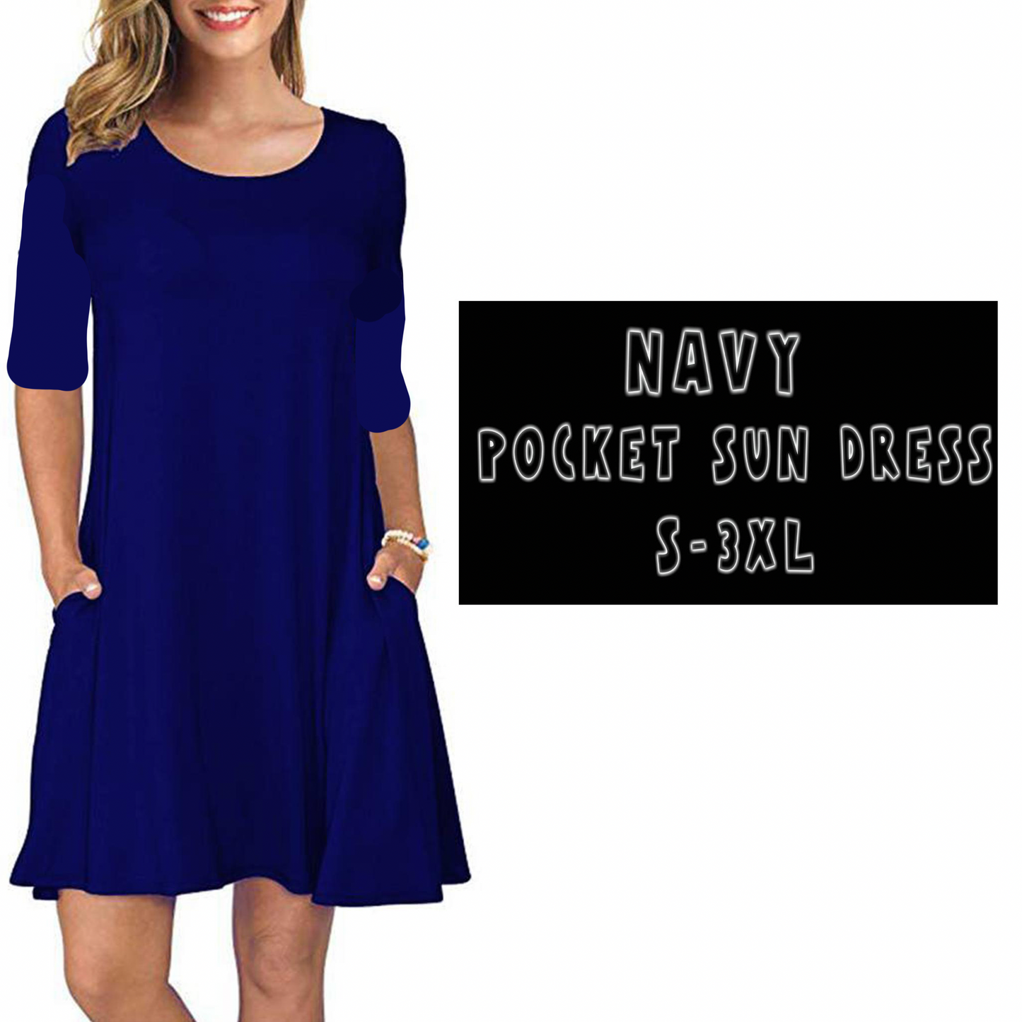 3/4 SLEEVE POCKET DRESS- SOLID NAVY