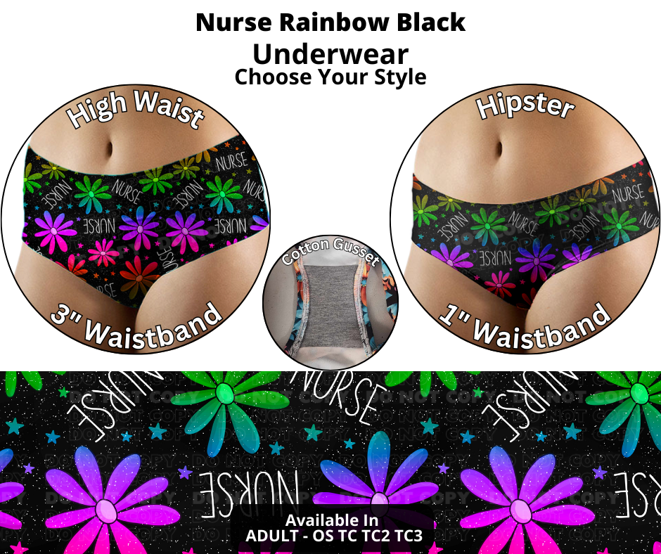 Preorder! Closes 12/12. ETA Feb. Nurse Rainbow Black Hipster & High Waist Underwear