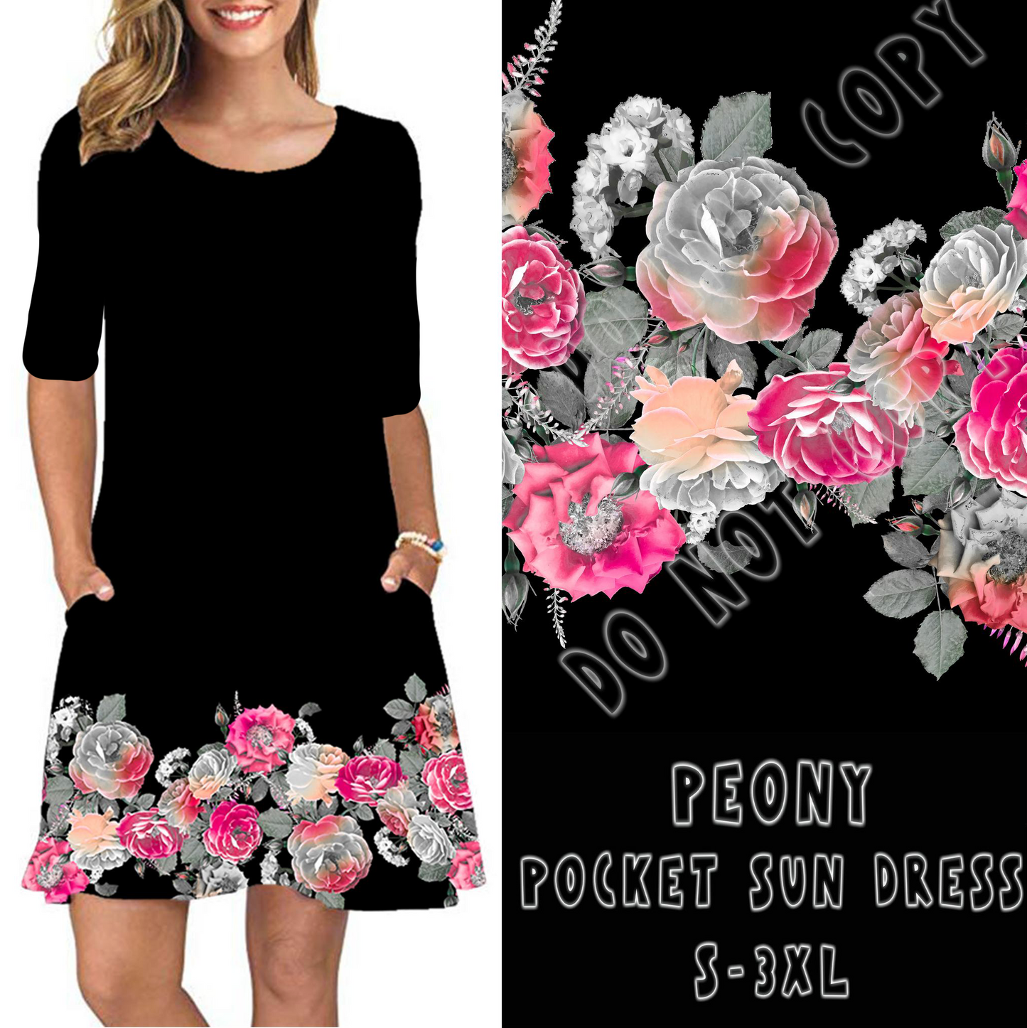 3/4 SLEEVE POCKET DRESS- PEONY