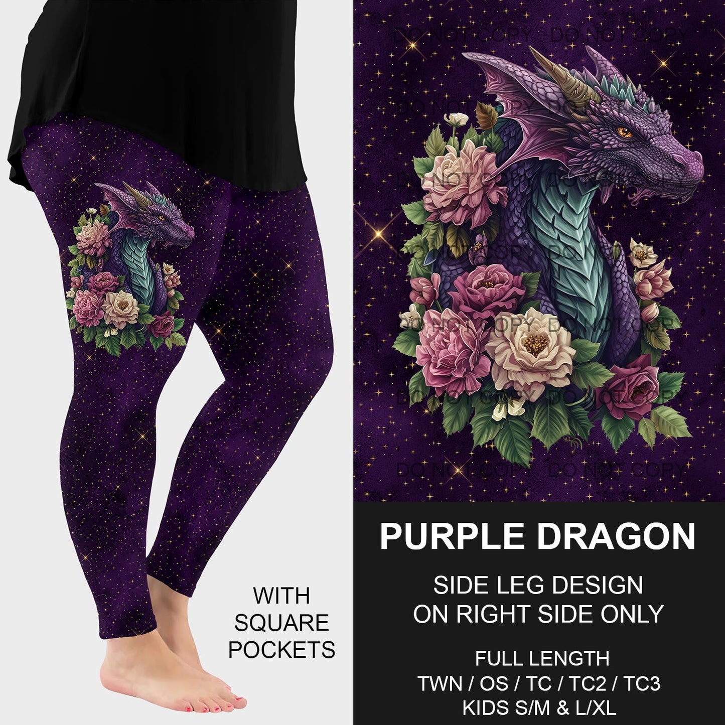 B198 - Preorder Purple Dragon Side Design Leggings w/ Pockets (Closes 12/08. ETA early Feb.)