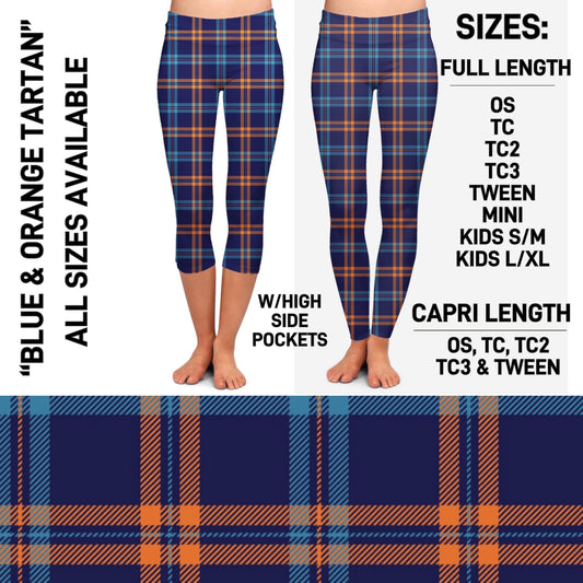 RTS - Blue and Orange Tartan Leggings & Capris with High Side Pockets