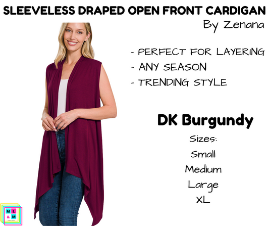 Sleeveless Draped Open Front Cardigan - DK Burgundy