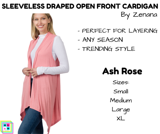 Sleeveless Draped Open Front Cardigan - Ash Rose