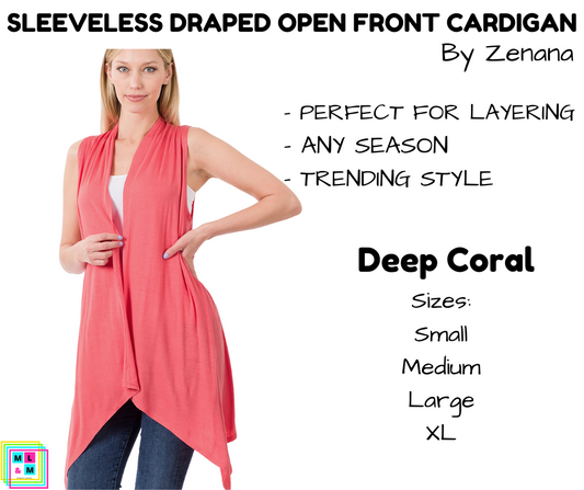 Sleeveless Draped Open Front Cardigan - Deep Coral